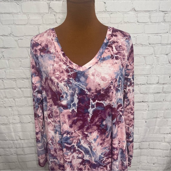 Lularoe “Emily” Long Sleeve Swing Dress Size L Pink Tie Dye - Picture 2 of 7
